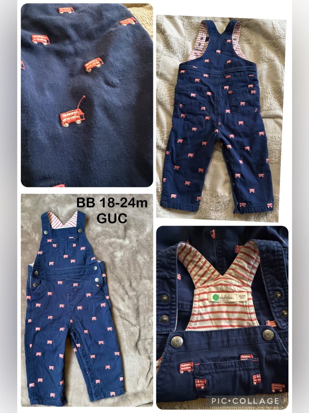 Baby Boden Navy Overalls with Red Bus Embroidery